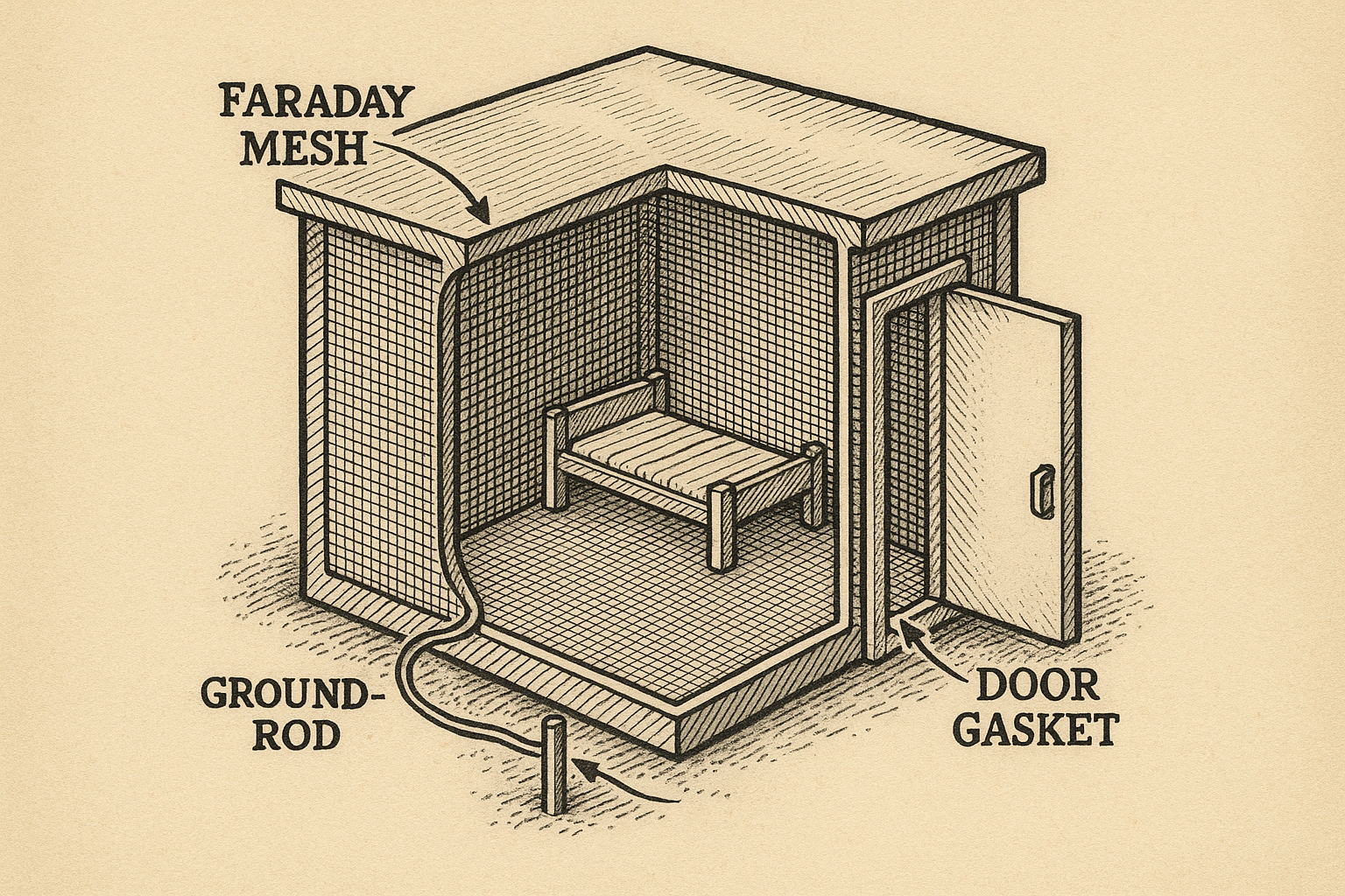 Illustration of a cabin with a Faraday mesh layer (conceptual)