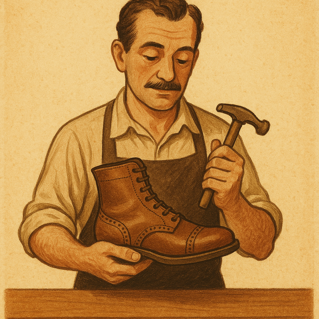 Cobbler holding a boot and tools