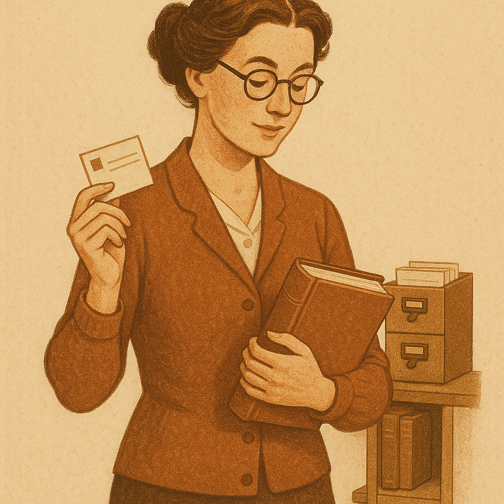 Librarian with books and a card catalog