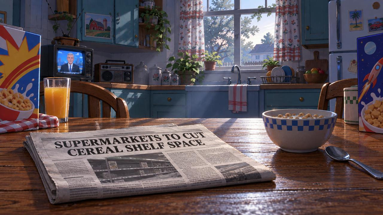 A sunlit breakfast table with a newspaper announcing cuts to cereal shelf space.